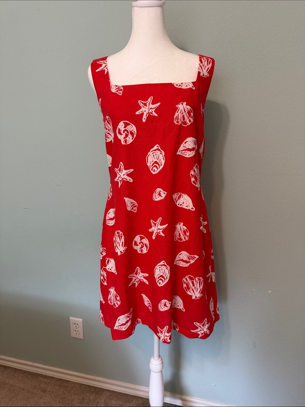 Red Shell-Print Mini Dress - Sleeveless Square Neck